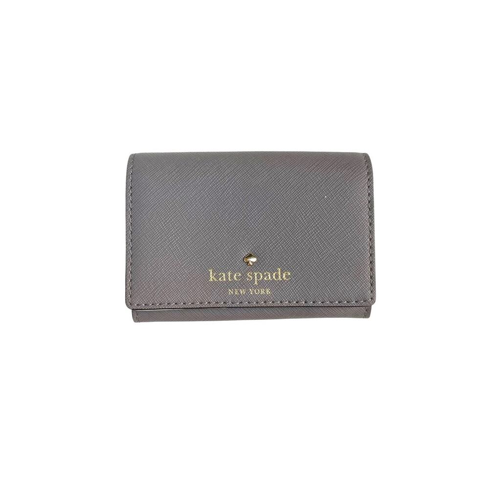 Kate Spade Gray Saffiano Leather Mini Wallet Small Card Holder Gold Logo Compact